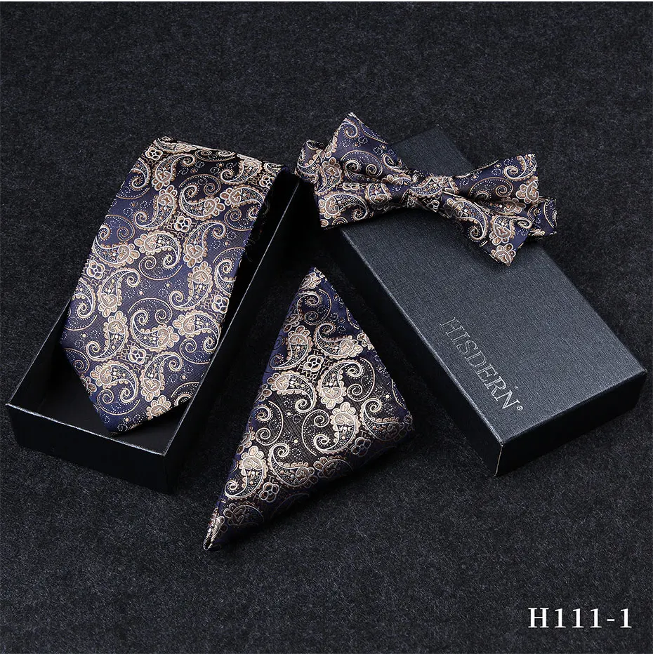 HISDERN 3 PC Классический горошек Пейсли полоса галстук Для мужчин Предварительно галстук-бабочка и платок галстук-бабочку Подарочная коробка