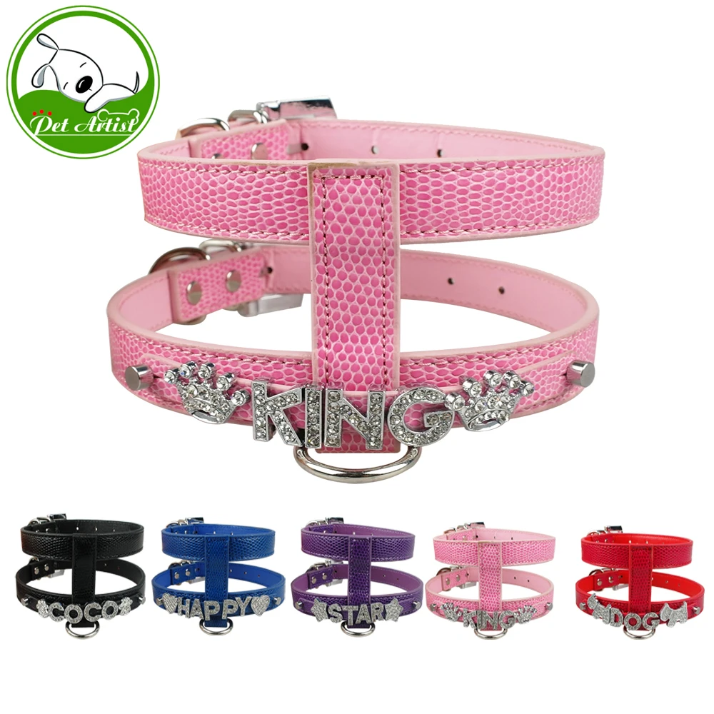 

Pu Leather Snakeskin Dog Harness Free Name Rhinestone Letters Harness DIY Bling Rhinestone Collar