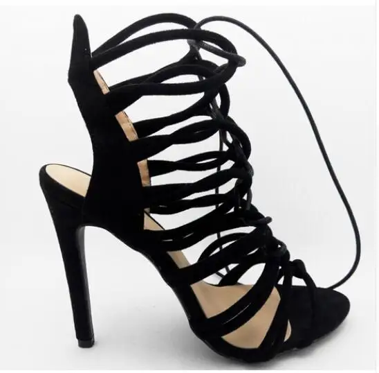 

Summer Women High Heels Cross Strap Gladiator Sandals Black Blue Red Suede Strappy Stiletto Lace Up Sandals Cut-outs Booties