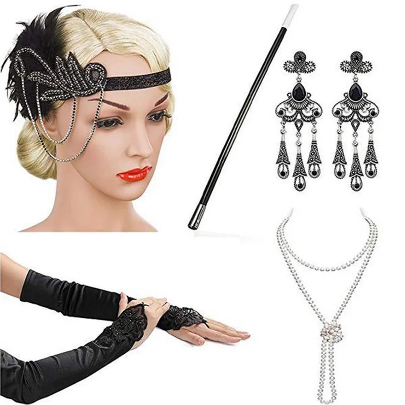 

2022 New Design Women's cosplay headbands necklace gloves earring set flapper costume 1920S Great GATSBY Halloween Accessories