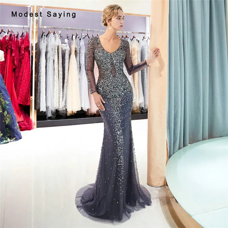 

Luxury Mermaid V Neck Evening Dresses Long 2019 with Crystal Formal Sequins Party Prom Gowns Sparkly Engagement Dresses Handmade