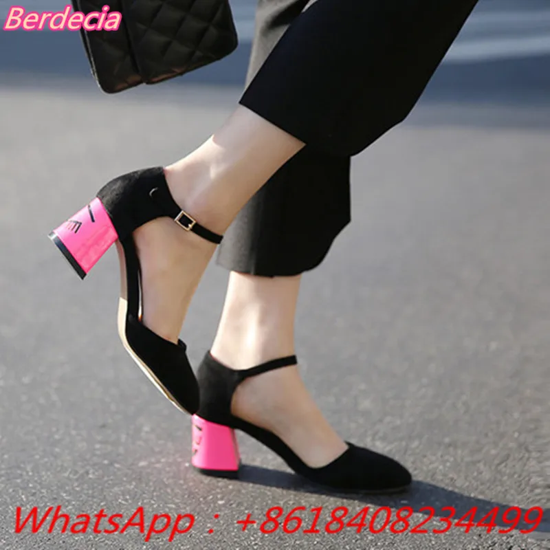 Concise Round Toe Women Pumps Buckle Strap Mixed Colors Women Sandals Office Lady OL Shoes Eye Square Heels Women Casual Shoes