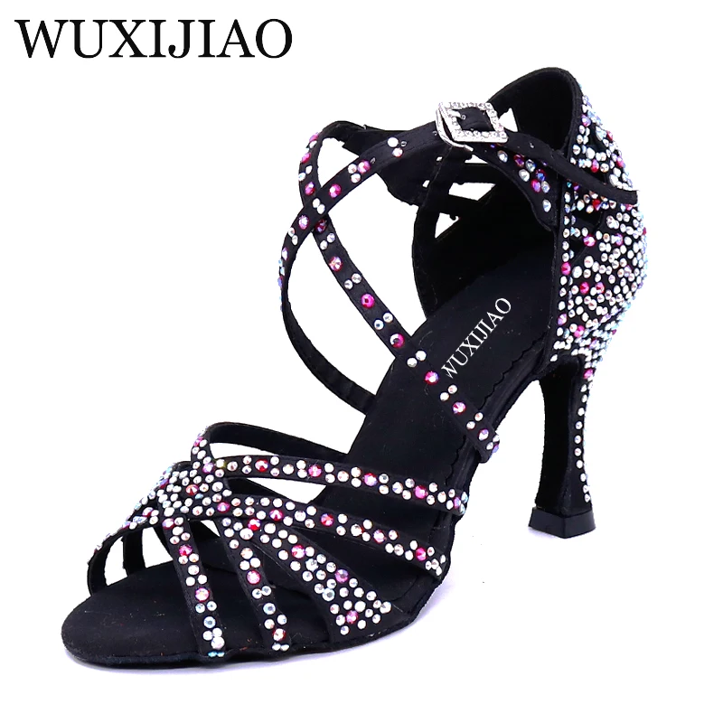 Women Salsa Party Ballroom Latin Dance Shoes Rhinestone Shining Bronze Skin Black Satin Cuba Heel 9cm