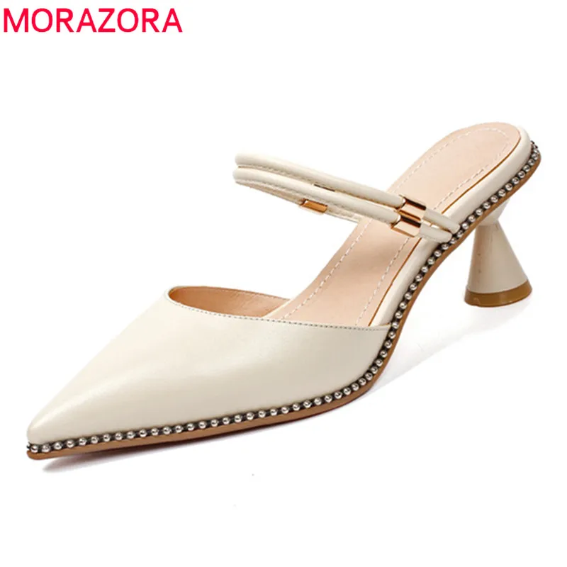 

MORAZORA 2020 genuine leather top quality women sandals simple shallow pointed toe summer shoes elegant solid high heels shoes