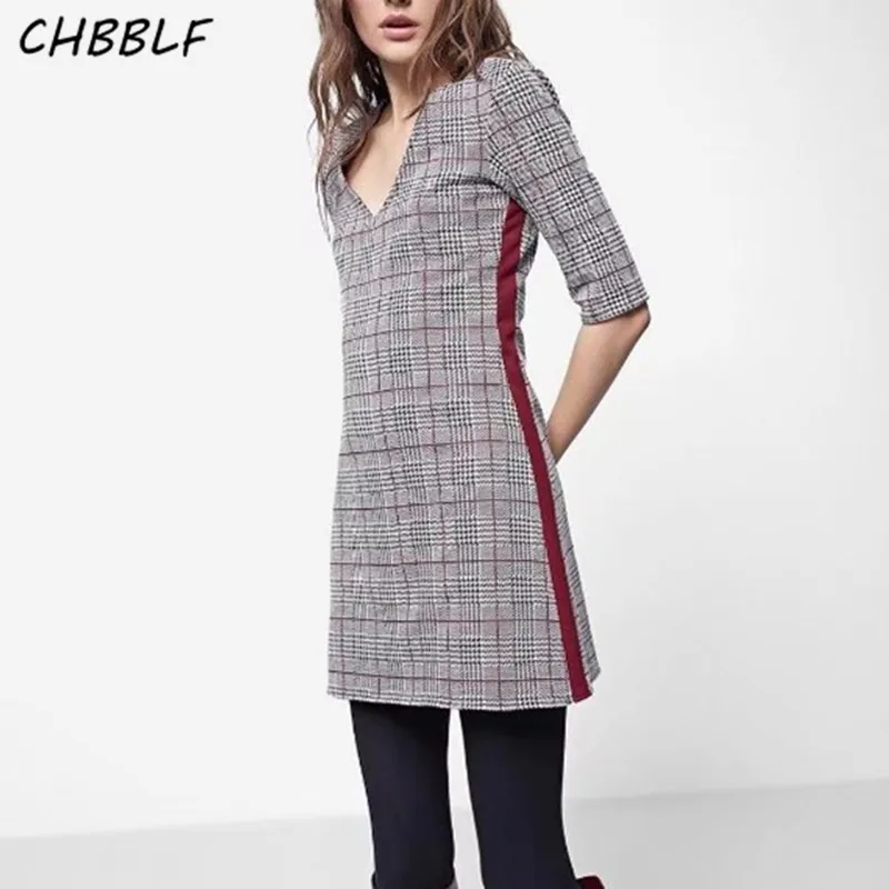 

New women Plaid coloured dress V collar short sleeve mini Dress Vestido Retro dress S1321