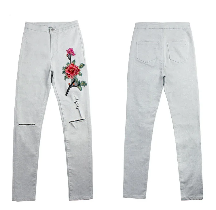 2017 Hot Fashion Women Clothing White Jeans 3D Embroidery Slim Feet Pants Jeans Knee Hole Female Pencil Pants Trousers Leggings (18)