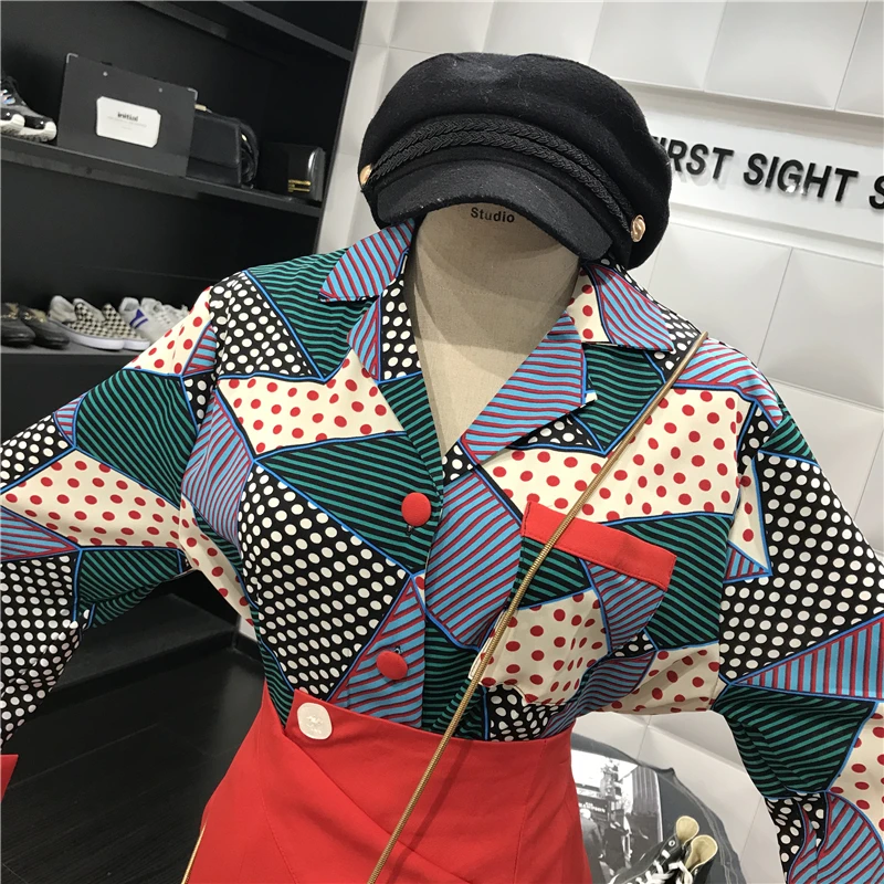 Fashion Autumn Runway Designer Women Two Piece Set Polka Dot Printing Shirts Tops And Slim Package Hip Skirt Clothing Sets SL462