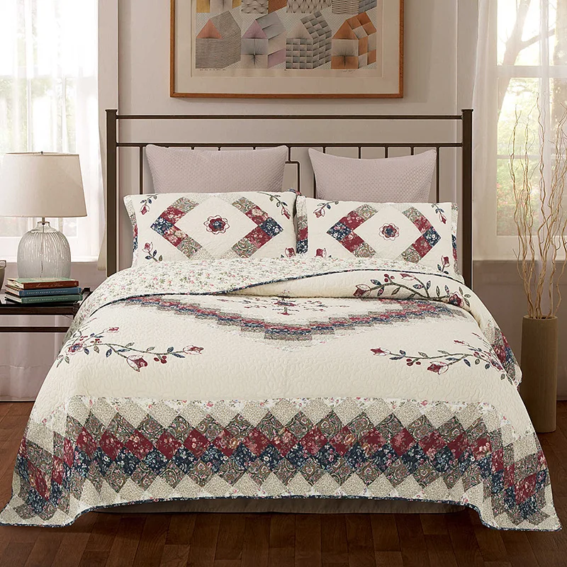 

Luxury American Pastoral Style 100% Cotton Embroidery Quilt Set 3PCS Quilted Bedspread Bed Cover Bed Sheet Blanket Pillowcases