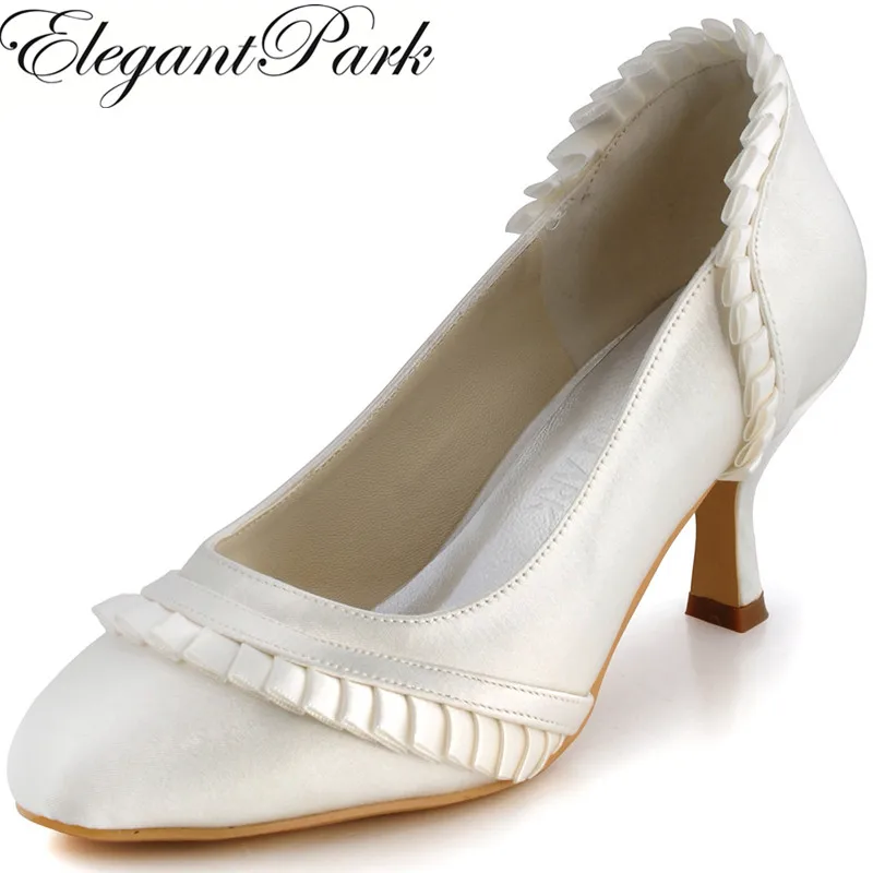 

Women's Shoes EL-041 Ivory White Almond Toe Ruffles 6 CM High Heels Satin Woman Wedding Bridal Shoes Lady Evening Fashion Pumps