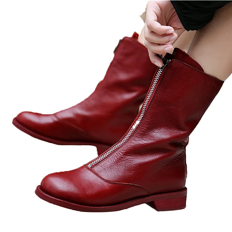 

Karinluna 2018 Genuine Leather front Zip ankle boots Hot Sale Cow Leather Boots Shoes Woman fashion trendy style Woman Shoes