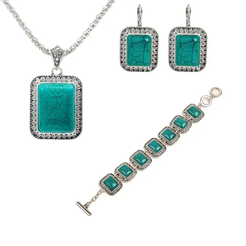 

Good Quality Necklaces Earring Bracelet Jewelry Fashion Retro Geometry Pendant Alloy Jewelry Set for Women Turquoises Jewelry