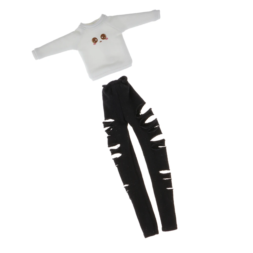 MagiDeal Cute Long Sleeve Lovely Printed Pullover & Skinny Ripped Pants for 12 inch Blythe Dolls Clothes