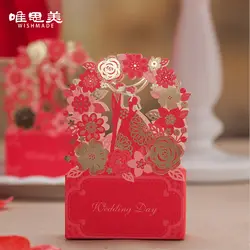 Роскошные полые красный кружево цветок жениха и невесты свадебные коробка конфет элегантная вырезанная лазером Флора пользу подарки