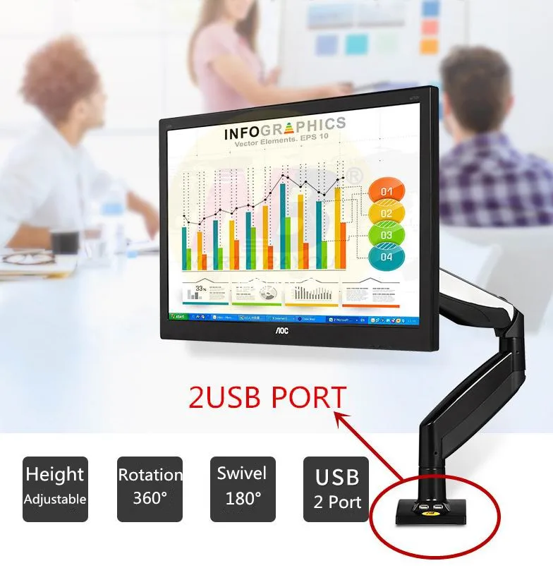 Монитор держатель 360 градусов газа весна 1"-27" стол руку кронштейн для монитора Desktop зажима или люверсами с 2 USB Порты и разъёмы NB F100