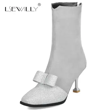 

Lsewilly Women High Heel Mix Colors Ankle Boots Shoes Woman Bling Bowtie Sexy Ladies Zipper Black Beige Boots Size 34-46 E115