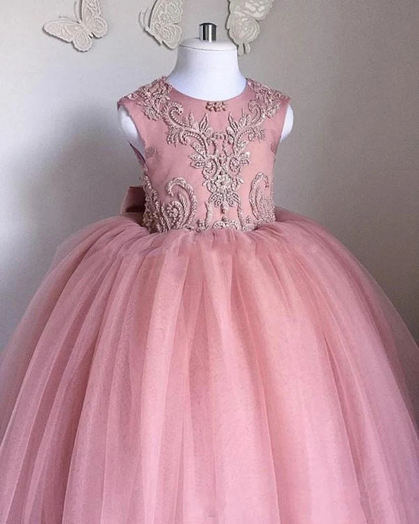 

Pink Flower Girls Dresses Sheer Jewel Neck Sleeveless Lace Appliques Tulle Girl Pageant Gowns Birthday Dresses