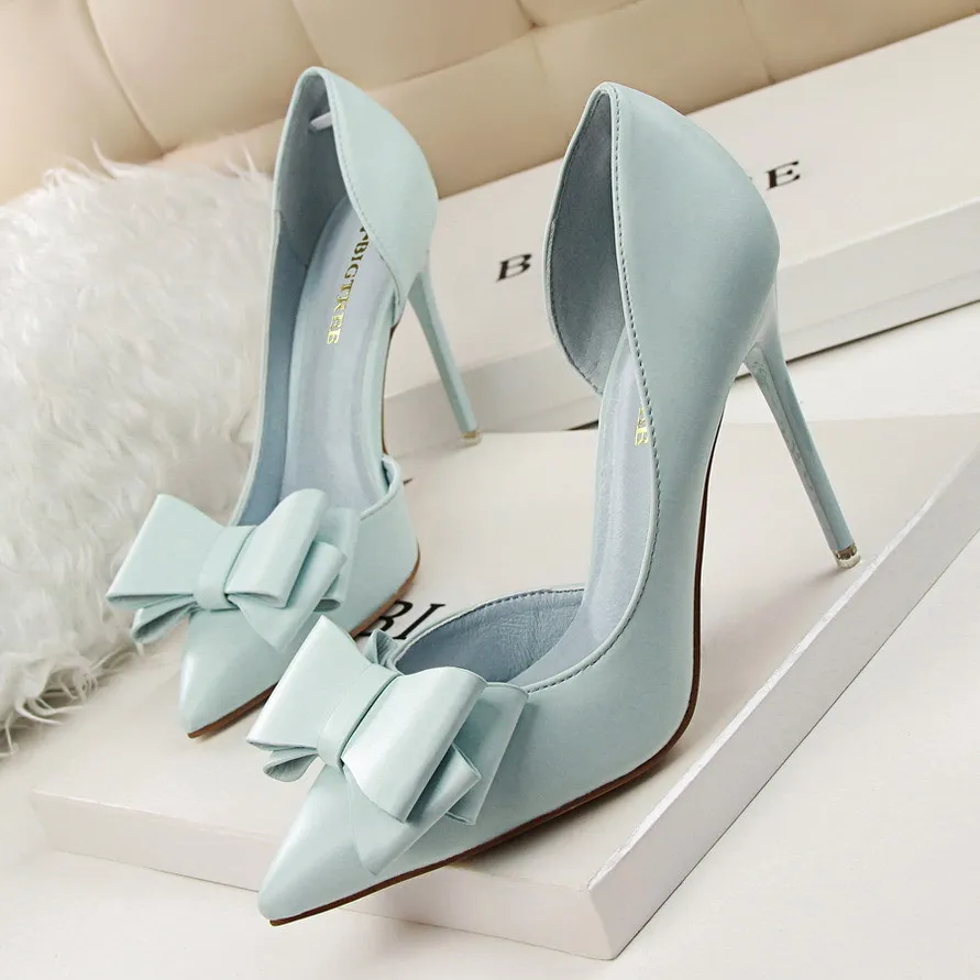 QSR/туфли-лодочки; коллекция года; модные туфли с милым бантом на высоком каблуке-шпильке; женские туфли с закрытым острым носком - Цвет: Синий