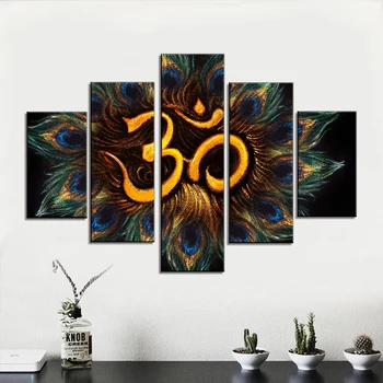 

Home Decor Living Room Golden Sacred Syllable Paintings Canvas 5 Panel Prints Wall Art Feathers Poster Modern Giclee printing