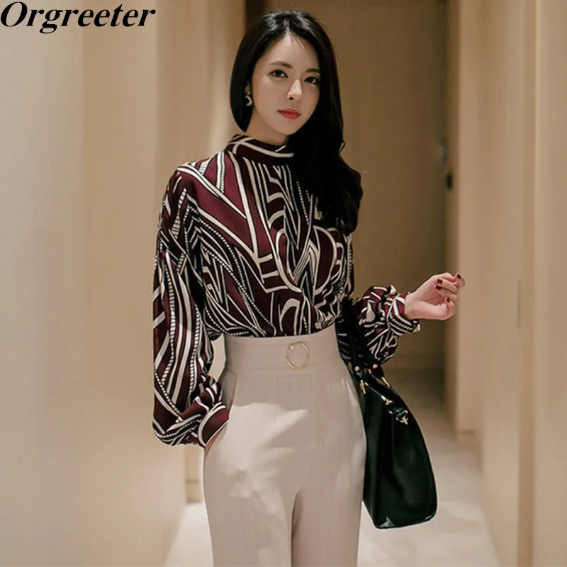 

Business Lady Shirt and Pants 2 Piece set 2018 Autumn Vintage Print Turtleneck Blouse Tops And High waist Striped Long Pants Set