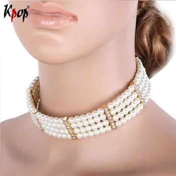 

Kpop Pearl Choker Wide Necklaces Women Austrian Rhinestone White Simulated Pearls Gold Color New Fashion Jewelry Necklace N2552