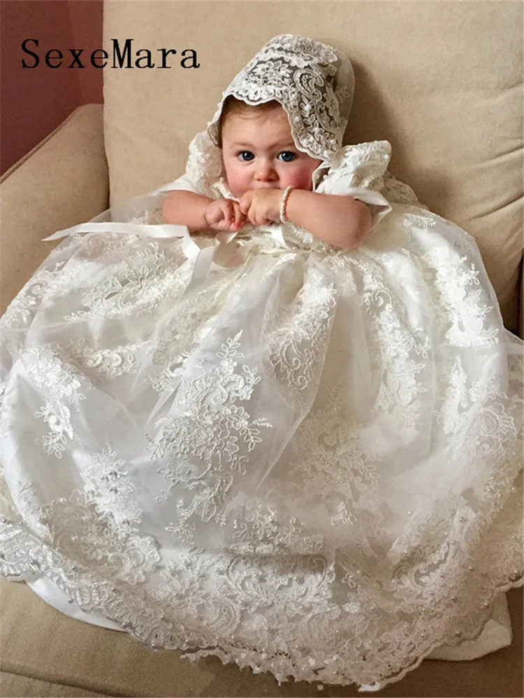 bebê meninas rendas pérolas manga curta personalizado batismo vestido branco marfim