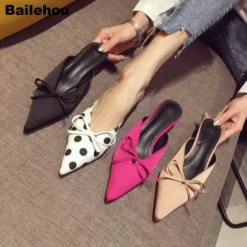 

Bailehou Women Slippers 2019 Spring New Fashion Polka Dot Kitten Heel Women Mules Sexy Pointed Toe Med Heel Women Slip On Slides