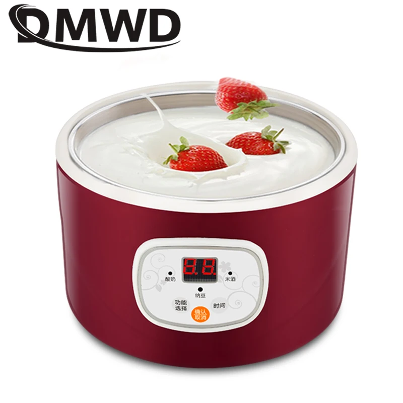 DMWD Automatic Electric Yogurt Maker Multifunction Stainless Steel Leben Container Natto Rice Wine Machine Four Yoghurt Cups 1L