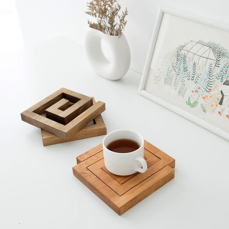 

DUNXDECO Table Placemat Pine Wood Laser Plate Pad Hot Insulation Tea Cup Pot Mat Modern Chinese Style Rustic Artistic Desk Decor