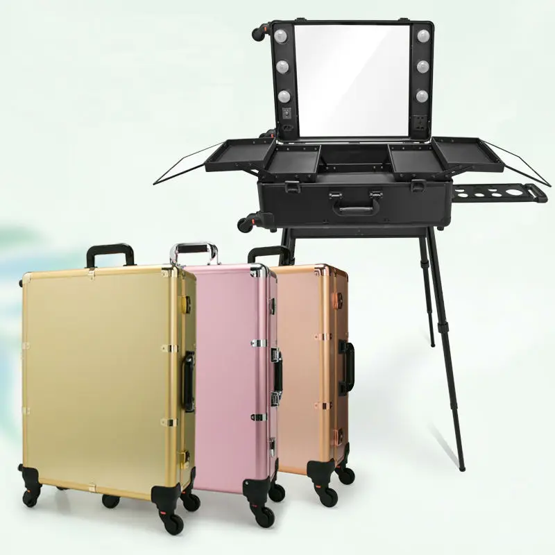 

6 types Makeup Artist Train trolley Box Professional Beauty Case with Lights for travel LED lighted Make up bag