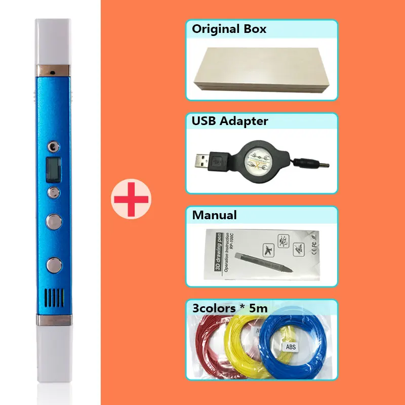 Myriwell 3d Ручка, 3d ручки, светодиодный дисплей, зарядка через usb, 3 d ручка smart3d ручка с принтом, подарок на день рождения, 3d-ручка с 3d принтом - Цвет: Blue pen Package 1