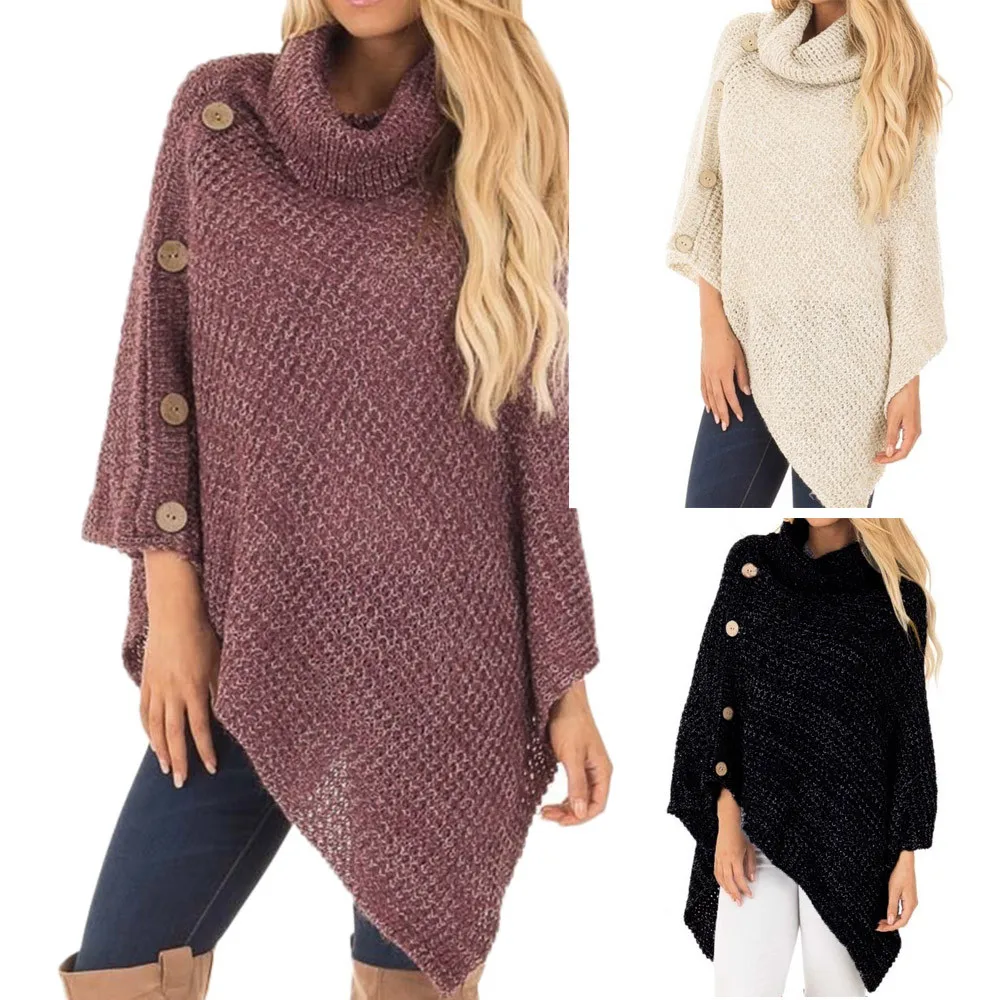 

Winter Women's Knit Turtle Neck Poncho with Casual Button Irregular Hem Pullover Sweaters Acrylic Fibres Women Sweaters