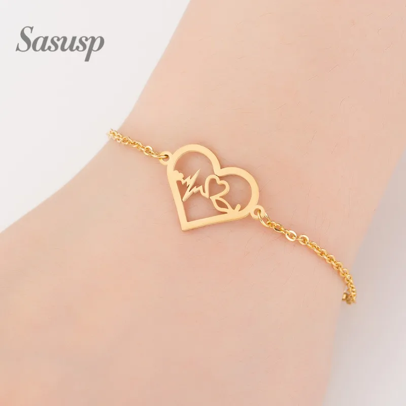 

Sasusp New Arrived Cute Gold Heart Charm Adjustable Bracelets Bangles Wedding Daily Jewelry For Women Femme Girlfriend Gift