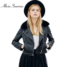 Женская Короткая кожаная куртка зимние черные пальто женские мотоциклетные мягкие Куртки из искусственной кожи байкерские теплые флисовые пальто с длинными рукавами AS0326