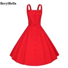 Save 2.69 on BerylBella Women Summer Dress 2017 Vintage Casual Cotton Vestido Solid Red Yellow Strap Suspenders Off Shoulder Dresses Female