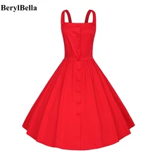 BerylBella Women Summer Dress 2017 Vintage Casual Cotton Vestido Solid Red Yellow Strap Suspenders Off Shoulder Dresses Female