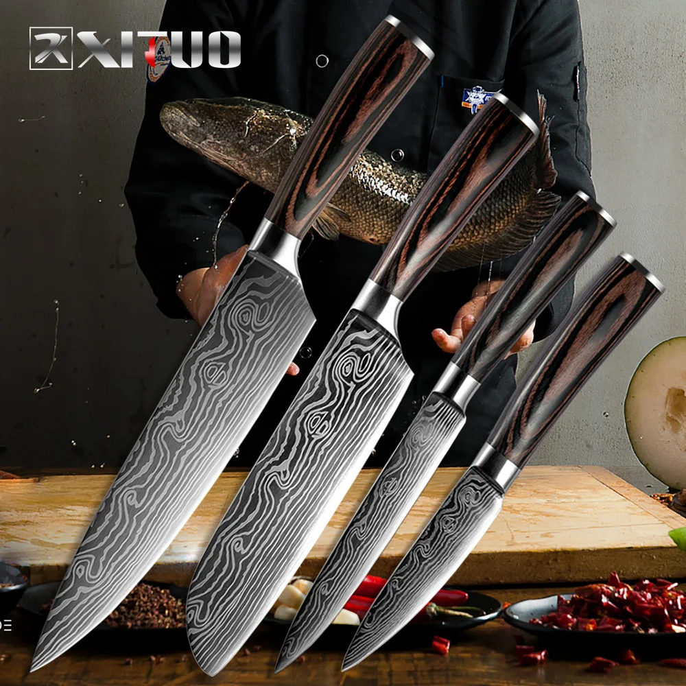 En Ligne XITUO nouvelle beauté veines cuisine couteaux séparation utilitaire Santoku tranchage Chef damas veines couleur bois poignée en acier inoxydable couteau