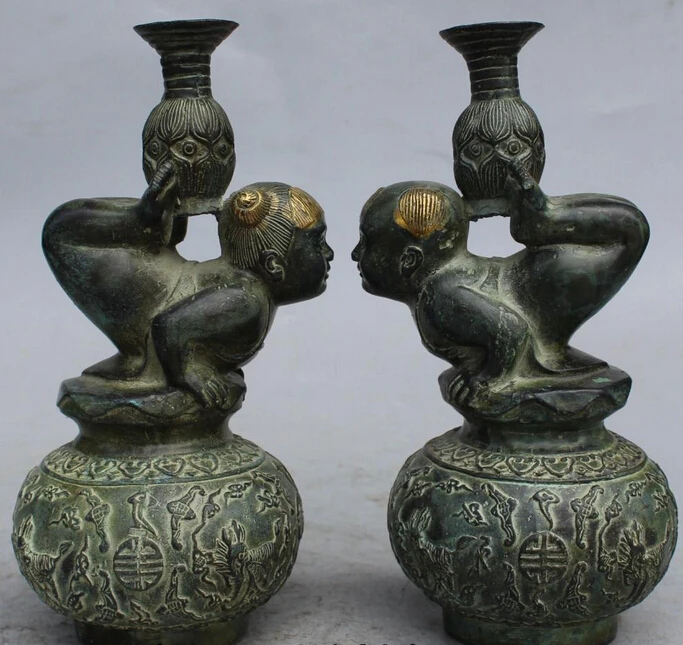 

8" Chinese palace Bronze Gilt Boy Lad Girl Gal moppet Flower Bottle Vase Pair S0708