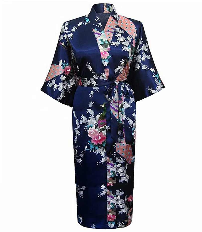 Высокое качество, свадебное платье для невесты, платье-кимоно, темно-зеленый женский халат из искусственного шелка, Новая женская ночная рубашка, размер S-XXXL - Цвет: Navy Blue