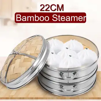 

2 Tier Bamboo Steamer With Cover Basket Kitchen Cookware For Dumpling Fish Rice Vegetable Pasta Chinese Heating Steaming Basket