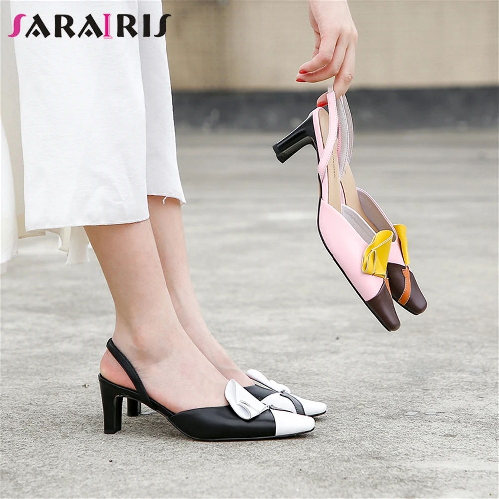 

SARAIRIS New Fashion Genuine Cow Leather Square Toe Mix Color Pumps Woman Shoes Bowtie Strange Style Shoes Woman Pumps Female