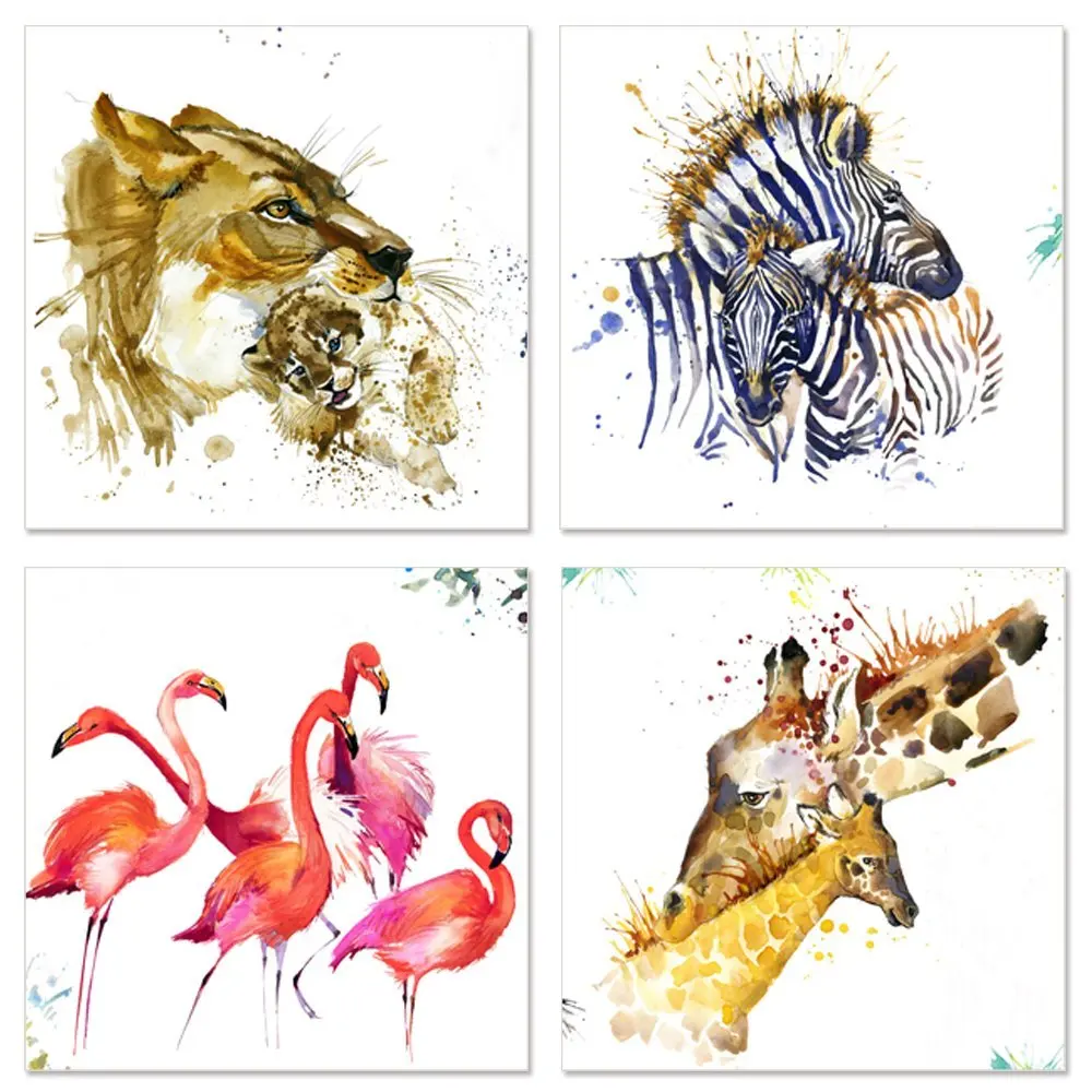 

4 Pieces Abstract Animals Poster Wall Art Flamingo Lion Zebra Giraffe Print Canvas Art Modern Style Picture Living Room Decor