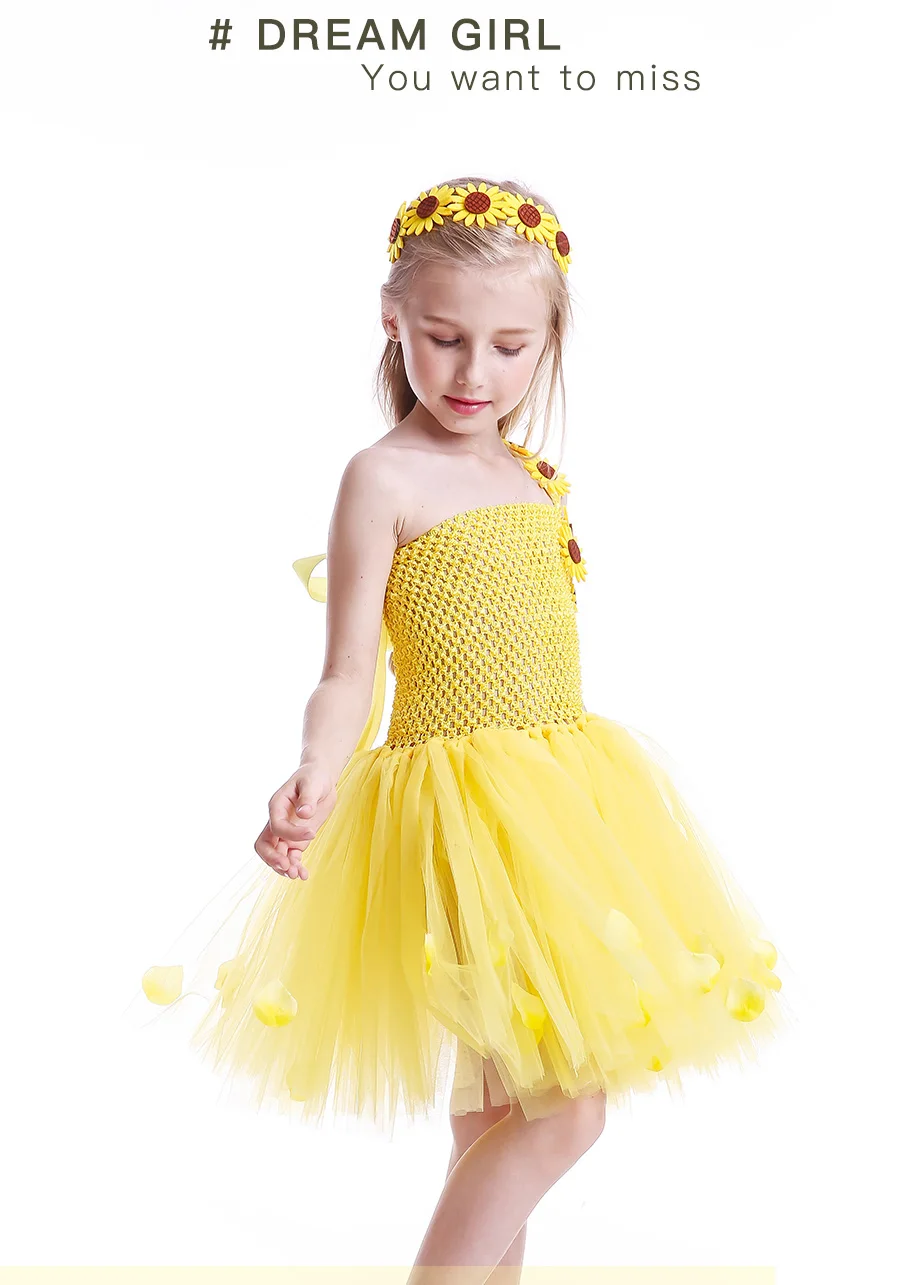 Sunflower Girls Tutu Dress with Headband Petals Embellished Princess Tulle Dress Children Birthday Party Performance Clothes (6)
