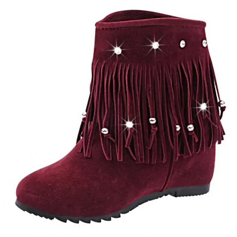 2017 Autumn Winter Tassel Women Boots Nubuck Leather Height Increasing Wedges Shoes Woman Rhinestones Ankle Boots