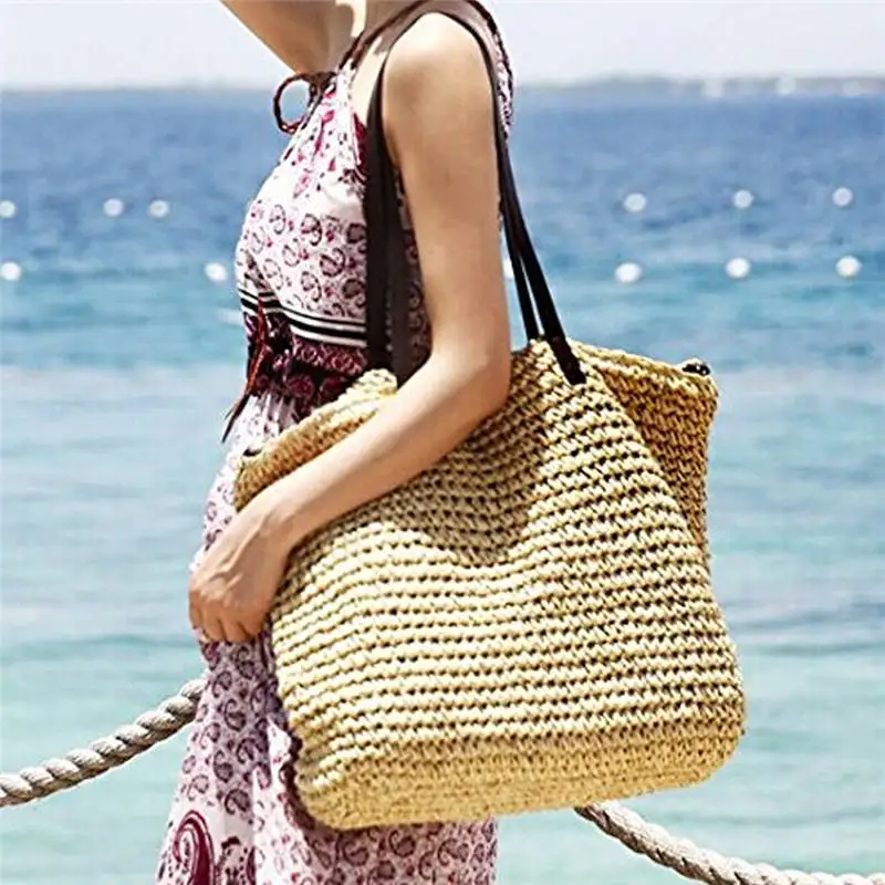 

Women Summer Beach Vintage Handmade Knitted Straw Bag Large Shoulder Bags