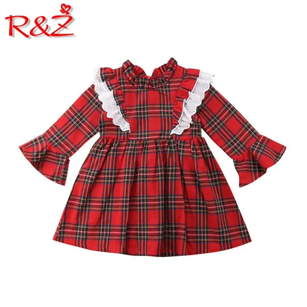 

R&Z children's dress 2019 spring new girls plaid dress Europe and the United States children's long-sleeved lace princess dress