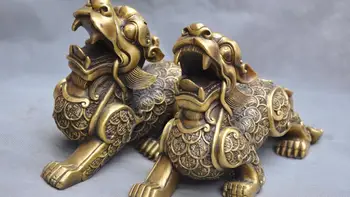 

11'' China Copper Coins Unicorn Foo Dog Dragon Bronze Statue