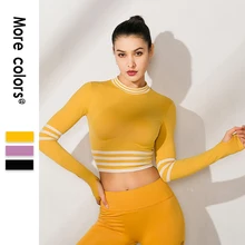 Для женщин Спортивные укороченные топы Спортивная одежда для тренажерного зала узкие Йога рубашки с круглым вырезом Запуск рубашку с длинным рукавом тренировки тренажерный зал тянущийся Топ Фитнес рубашка