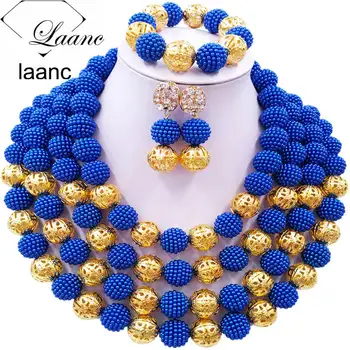 

Laanc Royal Blue Simulated Pearl Beads African Necklace Nigerian Wedding Bridal Jewelry Sets 4RJSQ011