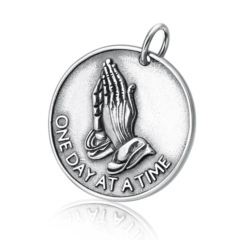 BOCAI S925 Silver Vintage Fashion Round Pendant Personality Prayer Hand Letters for Men and Women