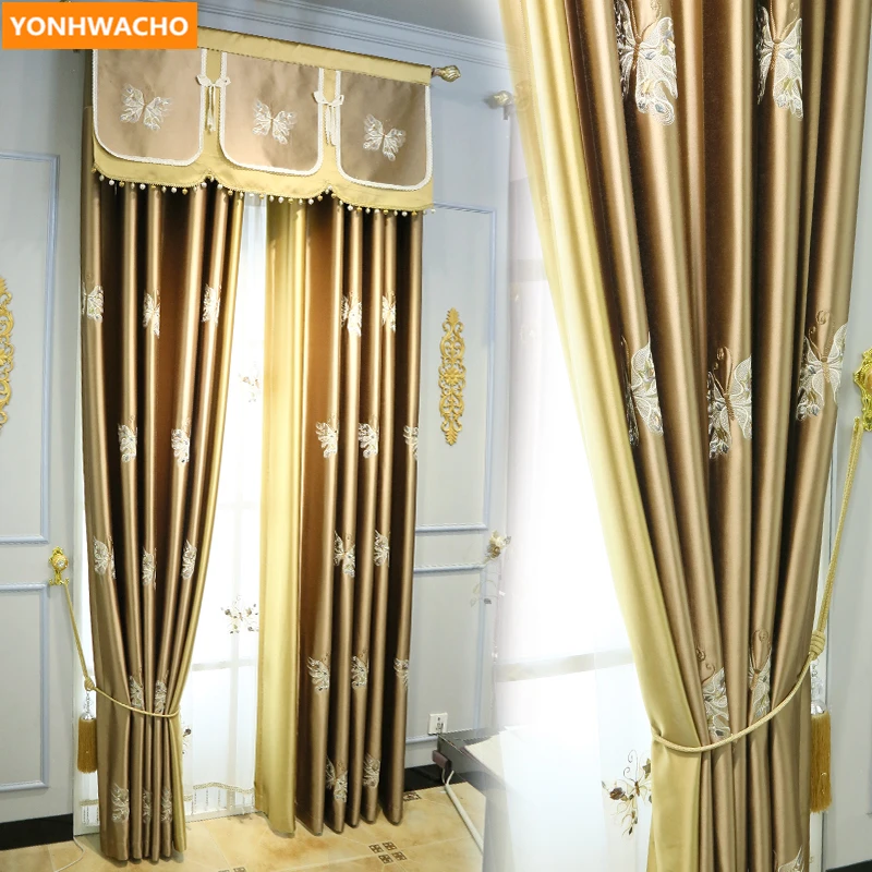 

Custom curtains high grade bronze gold Exquisite embroidery Luxury Chinese cloth blackout curtain tulle valance drapes N907
